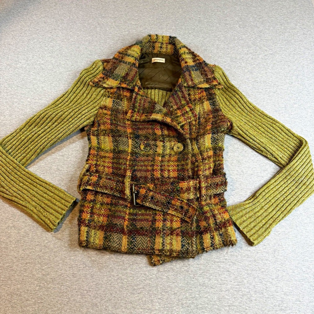 Escorpion Vintage Plaid Tweed Belted Jacket Green Ribbed Knit Sleeves Small